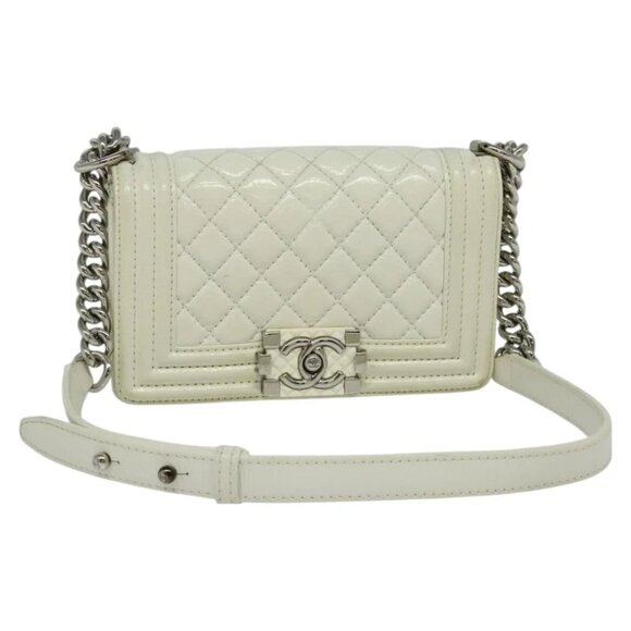 CHANEL Chain Matelasse Boy Chanel Shoulder Bag Enamel White CC Auth 126609 - Picture 1 of 14